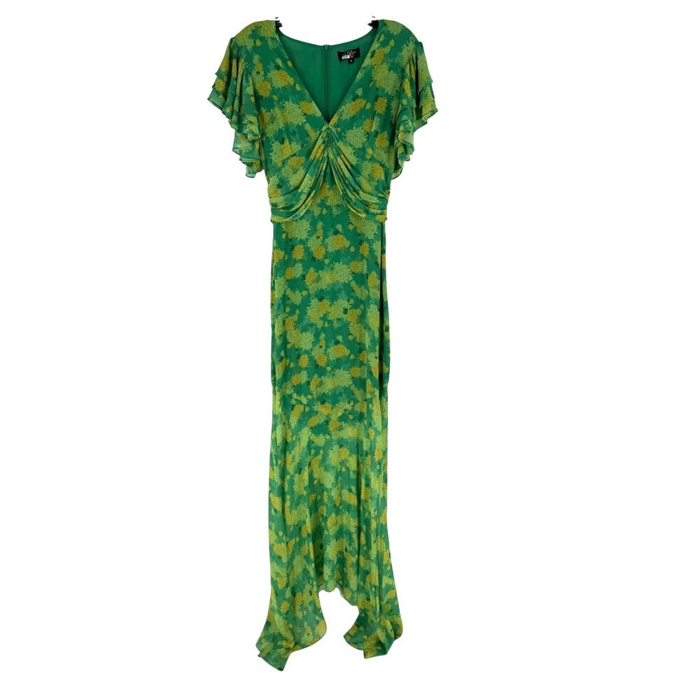 De La Vali Palmera Maxi Dress Green Floral Flutter Sleeve UK 14 US 10 FLAWS
